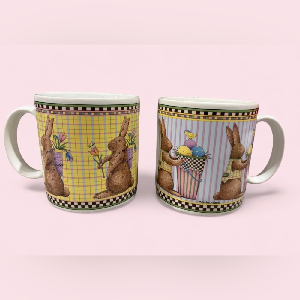 Set Of 2 1998 Sakura Debbie Mumm Easter Bunny Spring Coffee Mugs
